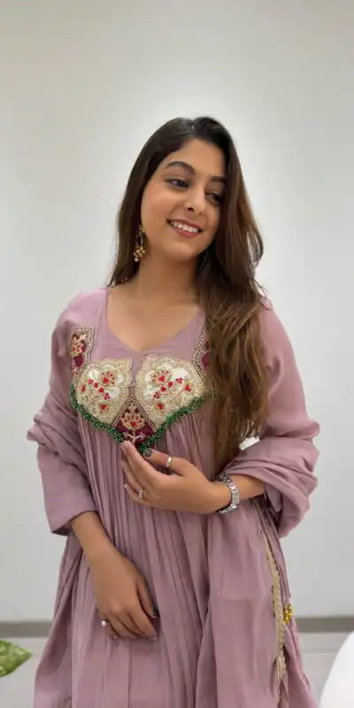 Graceful Lavender Mul Chanderi Embroidery Work Salwar Suit
