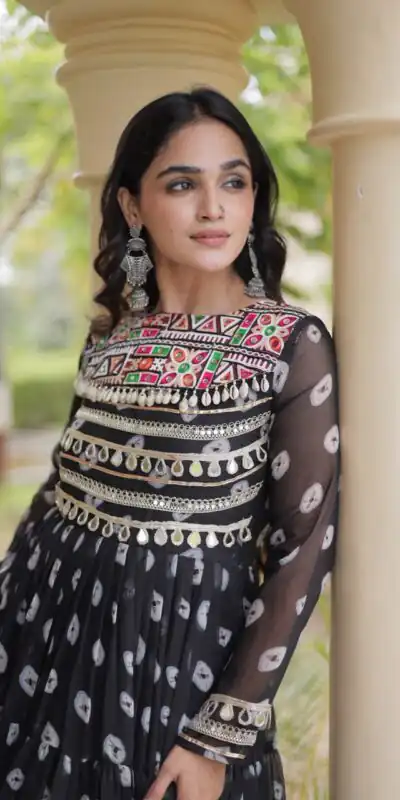 Great Black Faux Georgette Bandhani Kutchi Work Gown