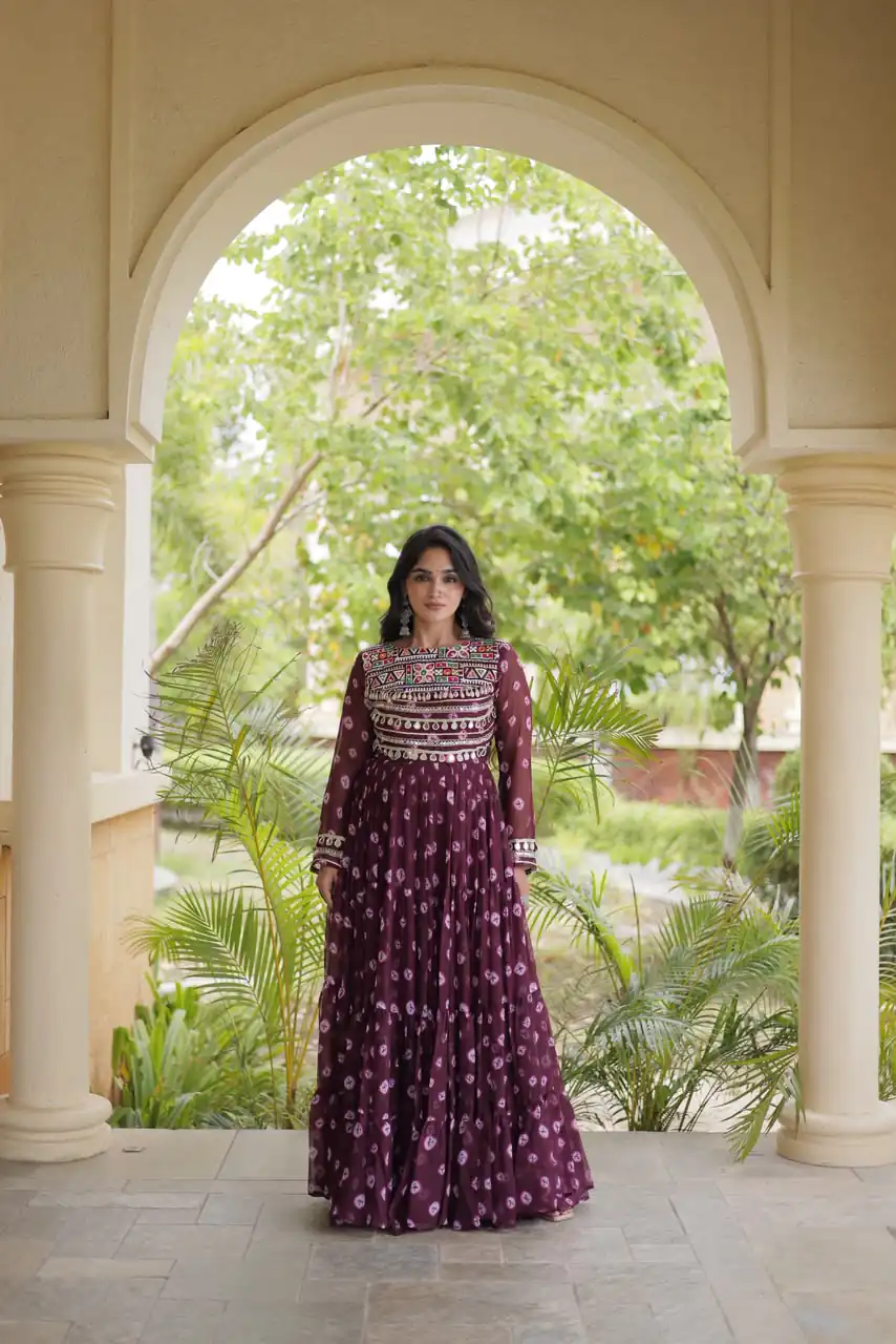 Great Wine Faux Georgette Bandhani Kutchi Work Gown