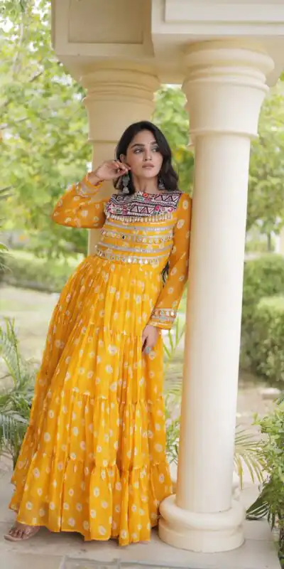 Great Yellow Faux Georgette Bandhani Kutchi Work Gown