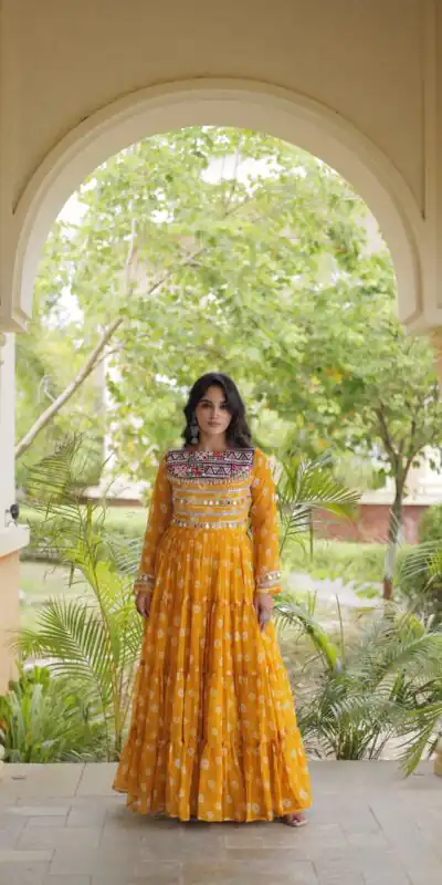 Great Yellow Faux Georgette Bandhani Kutchi Work Gown