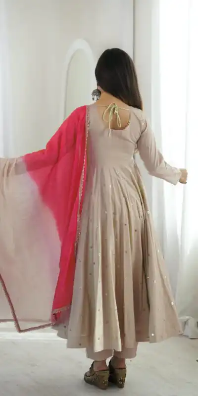 Lovely White Roman Silk Mirror Embroidery Work Gown