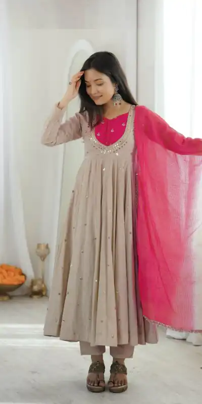 Lovely White Roman Silk Mirror Embroidery Work Gown