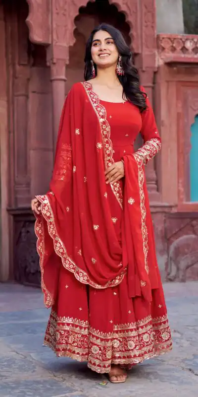 Magical Red Faux Georgette Sequence Work Gown