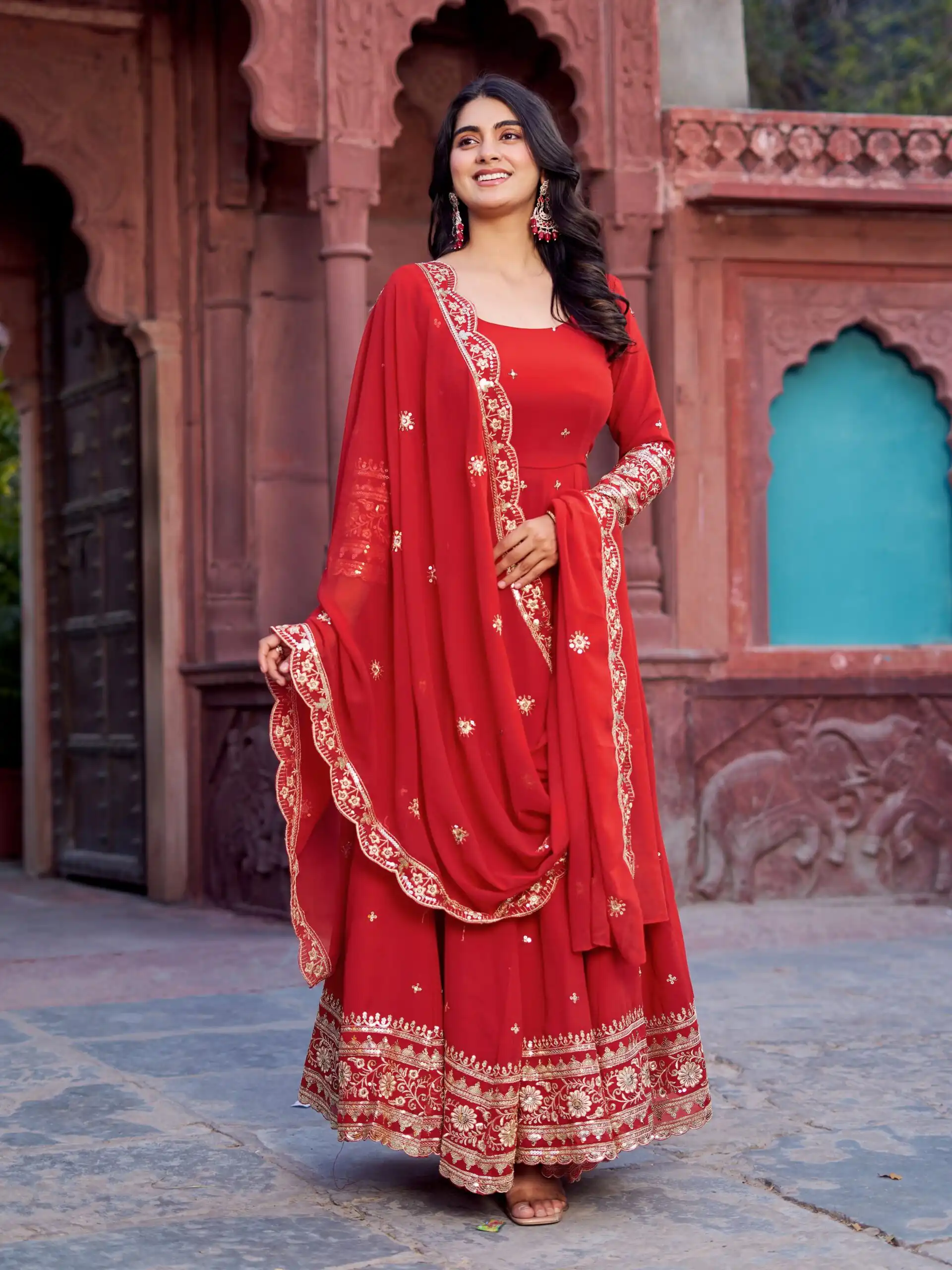 Magical Red Faux Georgette Sequence Work Gown