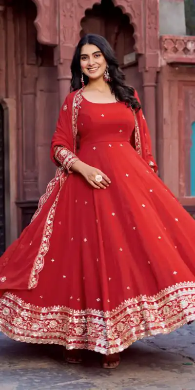 Magical Red Faux Georgette Sequence Work Gown