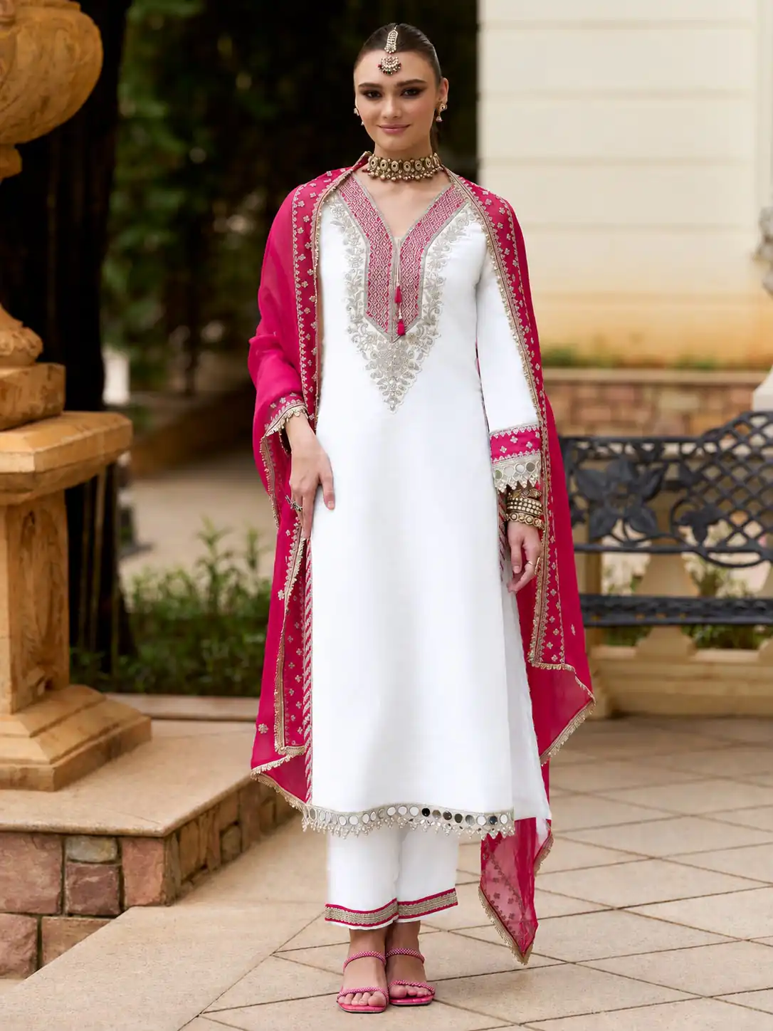 Magical White Chinon Silk Real Mirror Work Salwar Suit