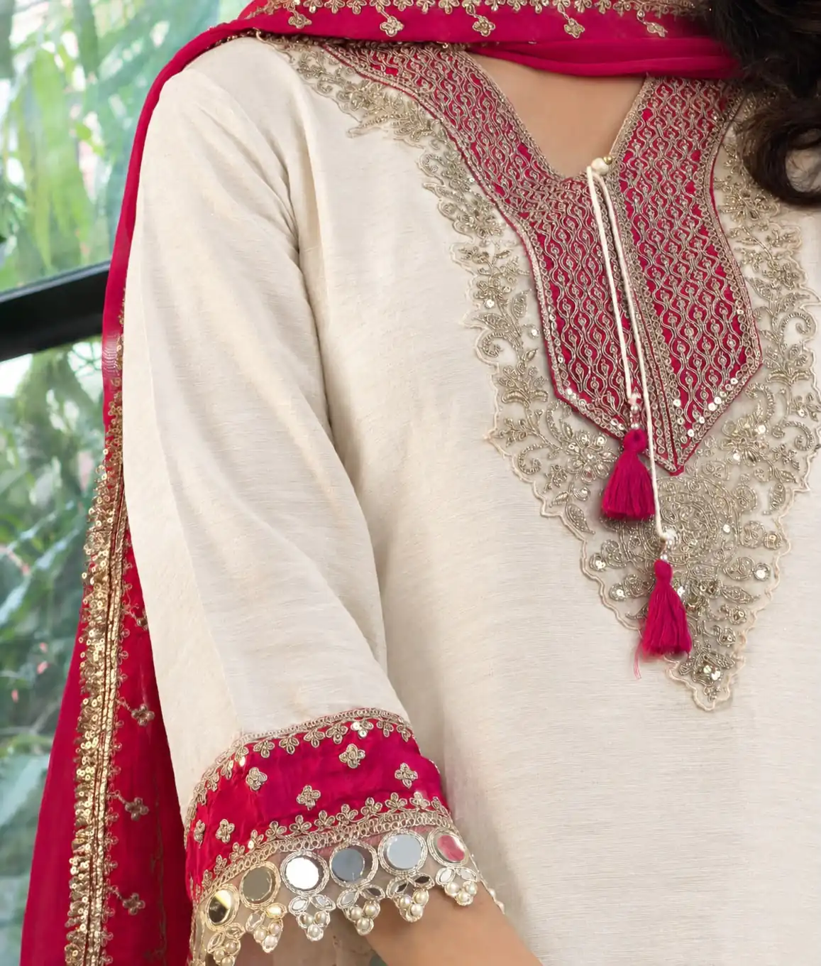 Magical White Chinon Silk Real Mirror Work Salwar Suit