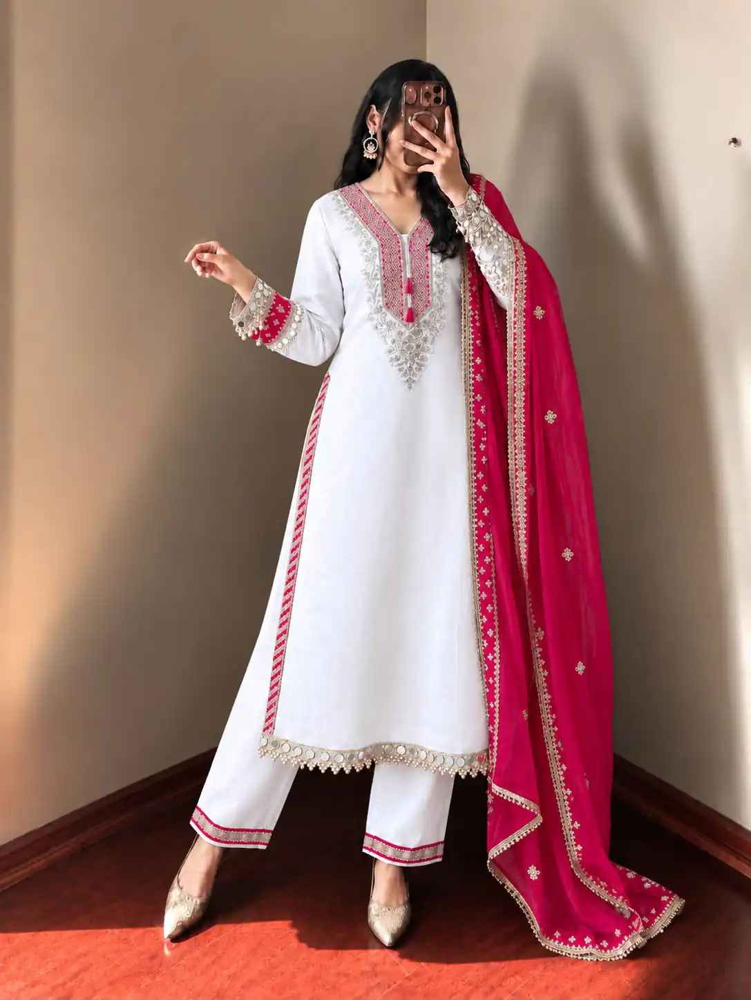 Magical White Chinon Silk Real Mirror Work Salwar Suit