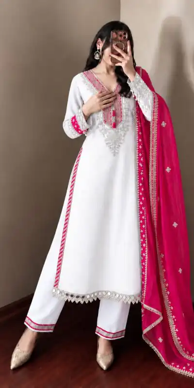 Magical White Chinon Silk Real Mirror Work Salwar Suit