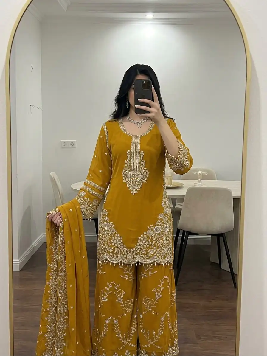 Magical Yellow Faux Georgette Embroidery Work Salwar Suit