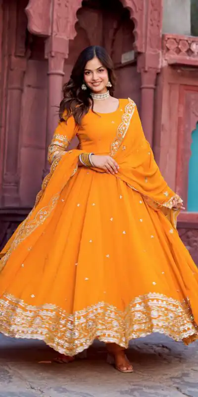 Magical Yellow Faux Georgette Sequence Work Gown