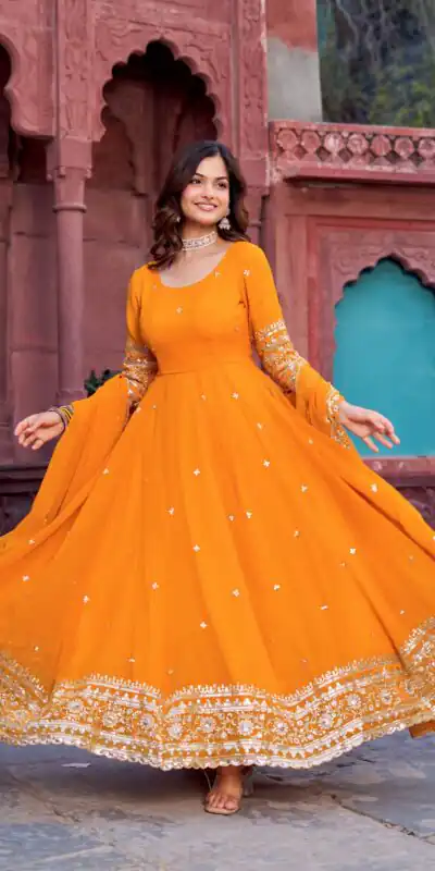 Magical Yellow Faux Georgette Sequence Work Gown