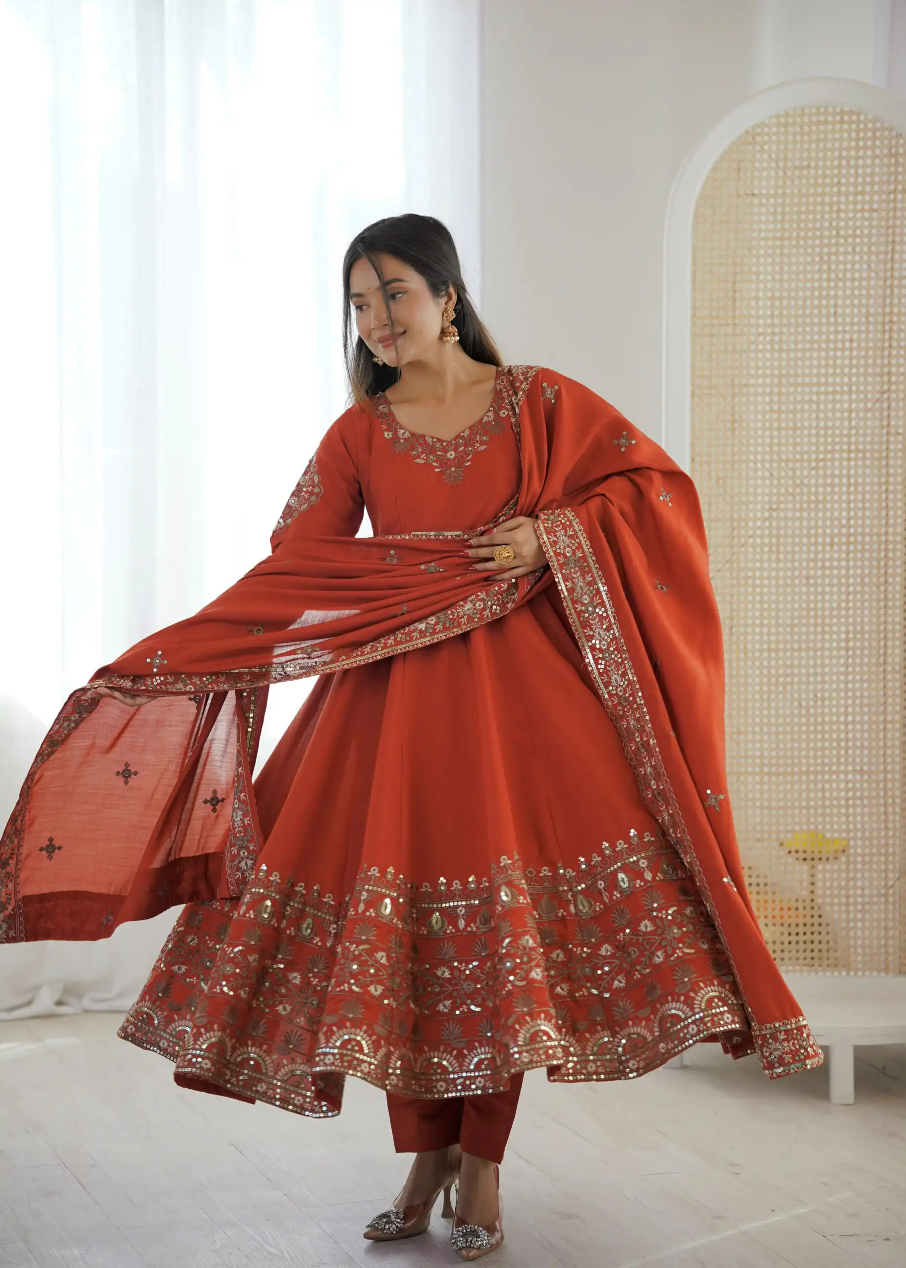 Nice Orange Roman Silk Embroidery Work Gown