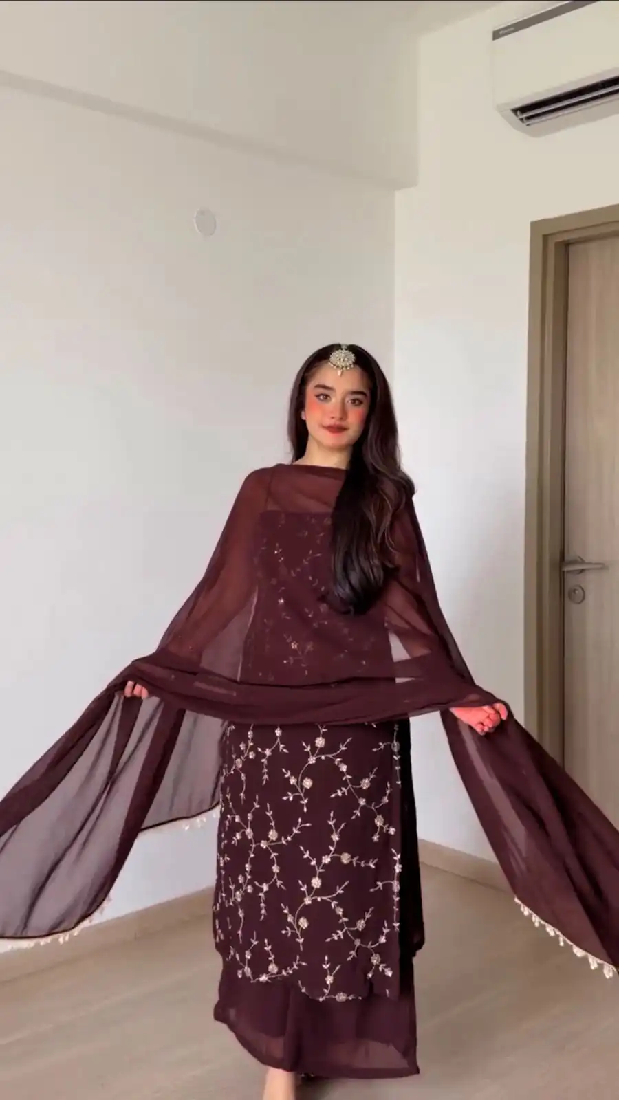 Perfect Brown Faux Georgette Sequences Work Salwar Suit
