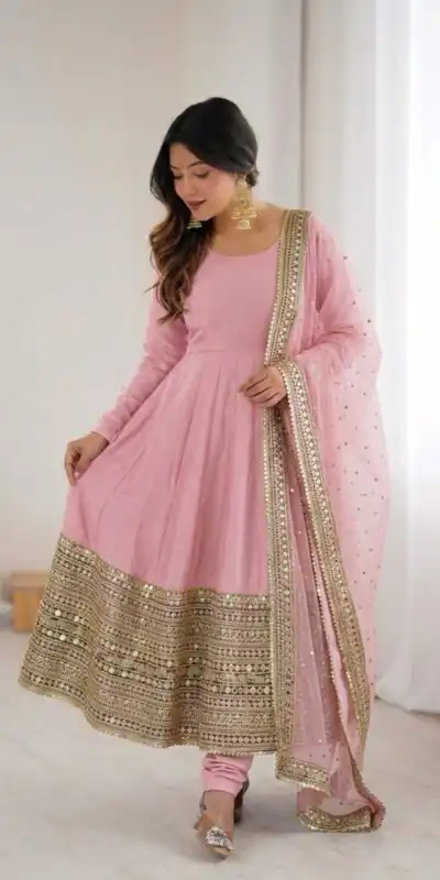 Pink Roman Silk Embroidery Lace Work Gown