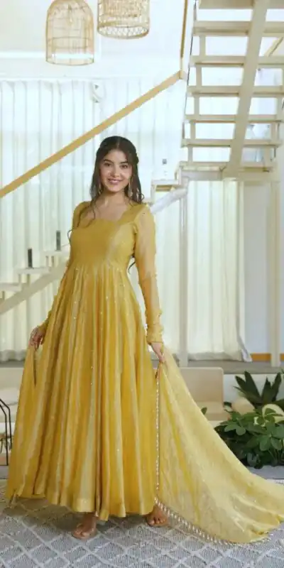 Pretty Gold Salsa Silk Embroidery Work Gown