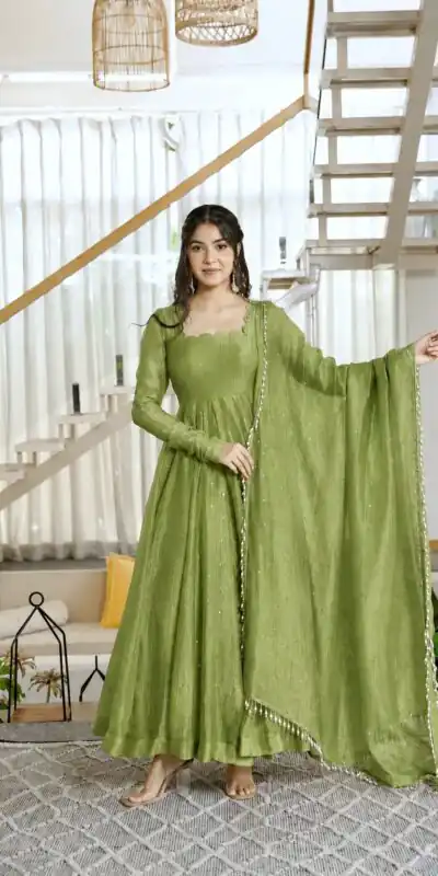 Pretty Green Salsa Silk Embroidery Work Gown