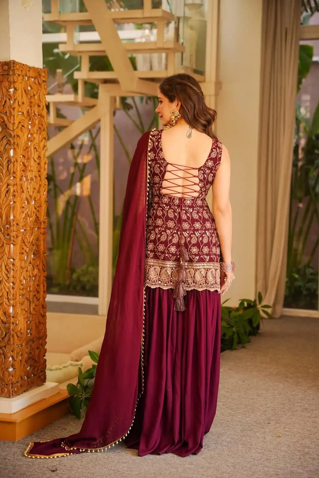 Pretty Maroon Faux Georgette Sequences Work Salwar Suit