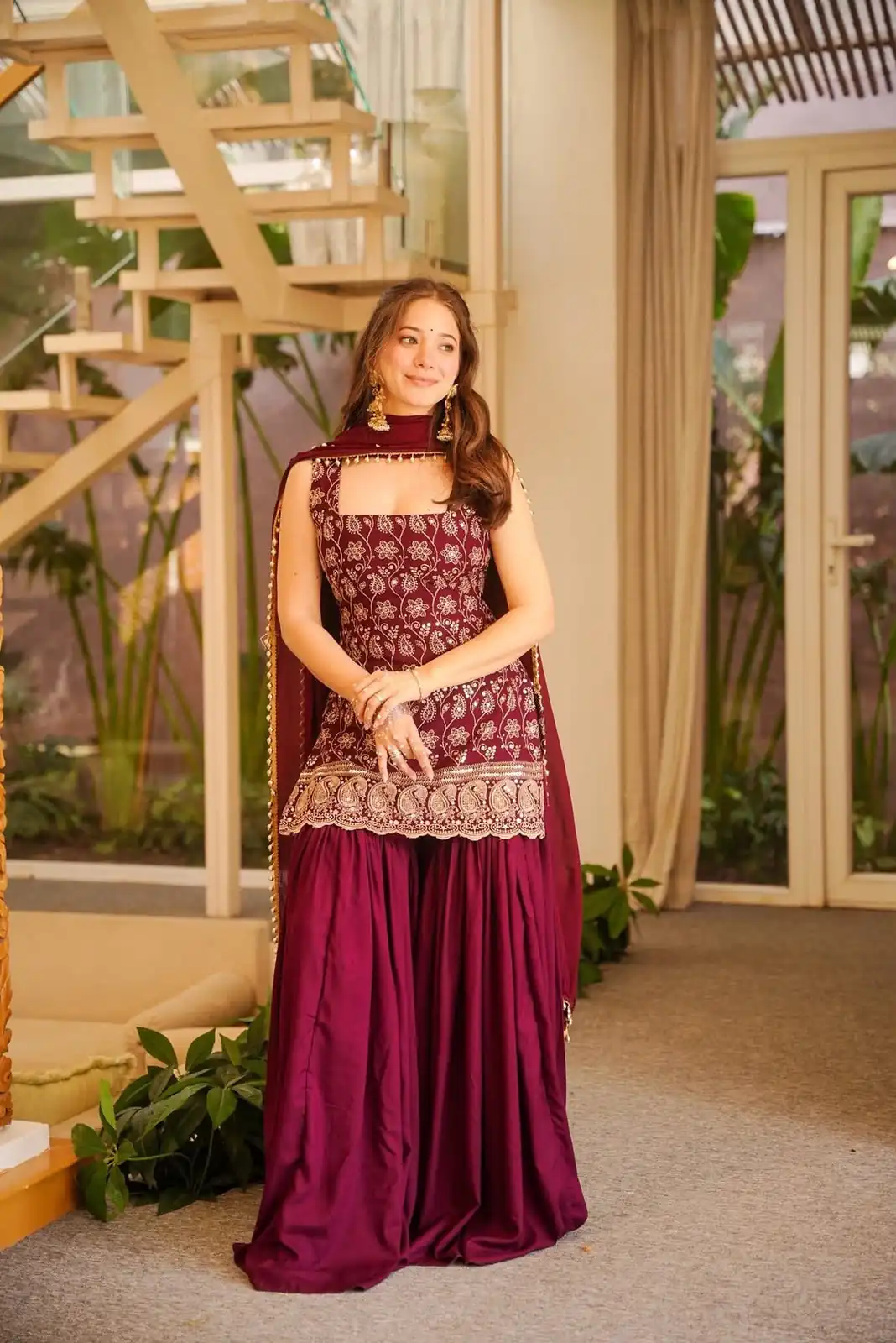 Pretty Maroon Faux Georgette Sequences Work Salwar Suit