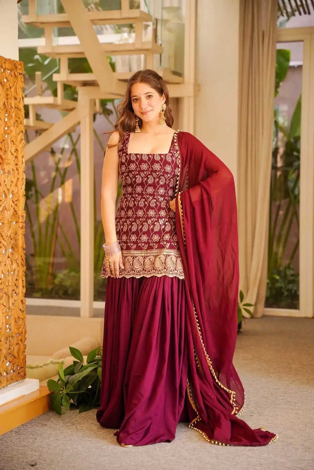 Pretty Maroon Faux Georgette Sequences Work Salwar Suit