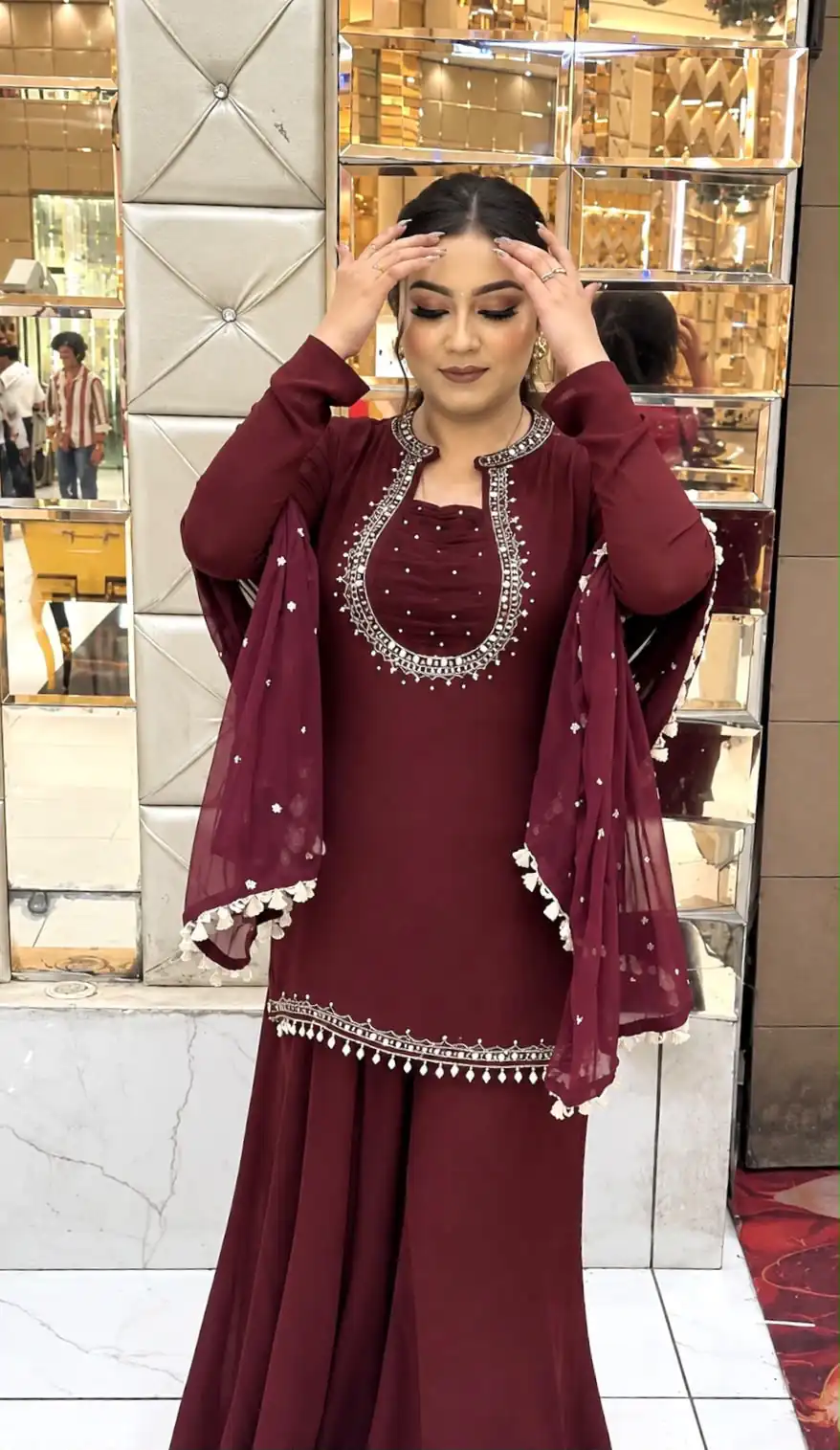 Pretty Maroon Georgette Hand Work Salwar Suit