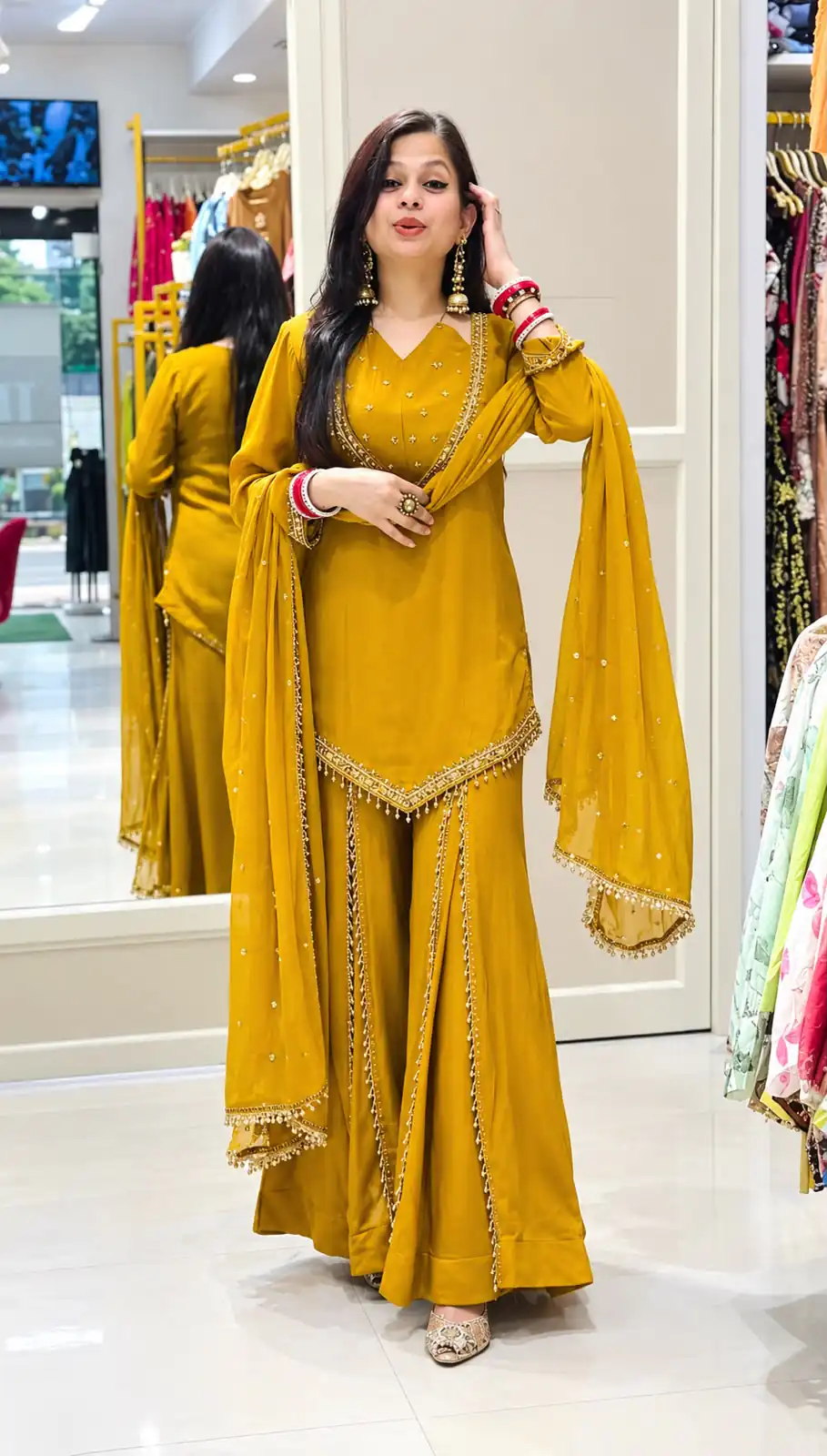 Pretty Mustered Roman Glass Mirror Work Salwar Suit