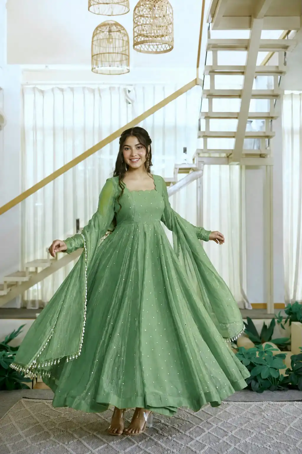 Pretty Pista Salsa Silk Embroidery Work Gown