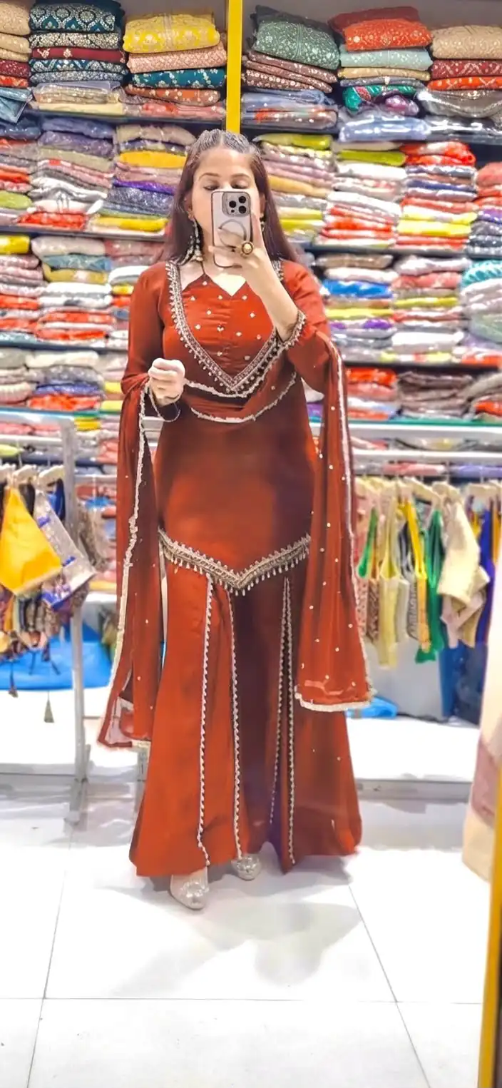 Pretty Rust Roman Glass Mirror Work Salwar Suit