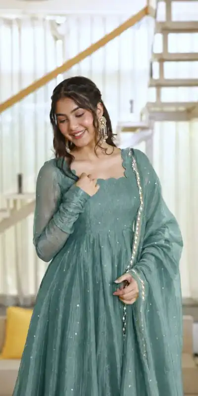 Pretty Teal Salsa Silk Embroidery Work Gown
