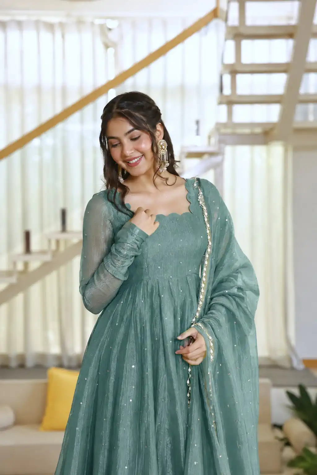 Pretty Teal Salsa Silk Embroidery Work Gown