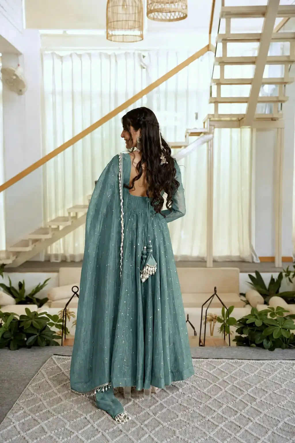 Pretty Teal Salsa Silk Embroidery Work Gown
