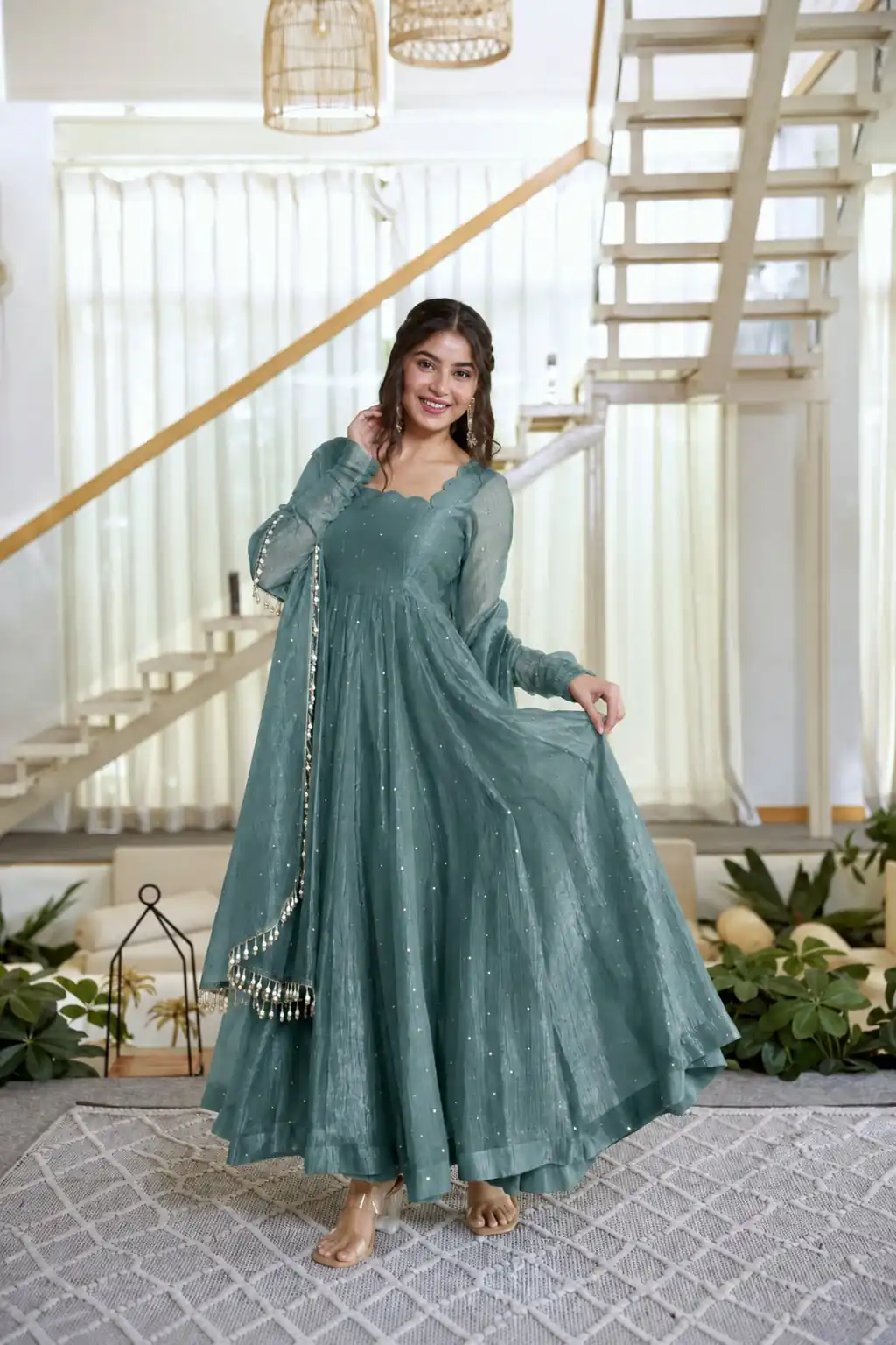 Pretty Teal Salsa Silk Embroidery Work Gown
