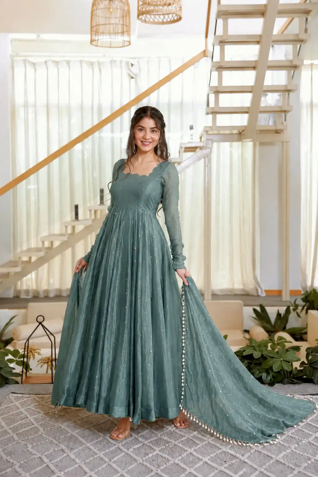 Pretty Teal Salsa Silk Embroidery Work Gown