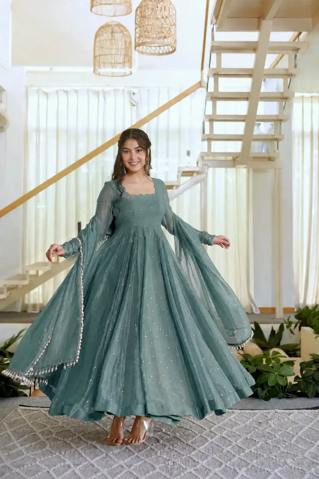 Pretty Teal Salsa Silk Embroidery Work Gown