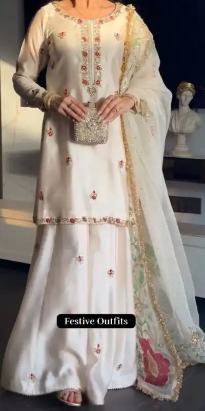Pretty White Faux Georgette Embroidery Work Salwar Suit