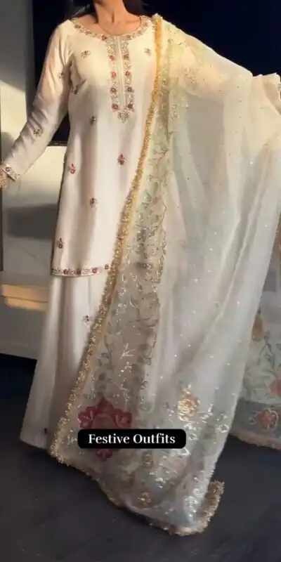 Pretty White Faux Georgette Embroidery Work Salwar Suit
