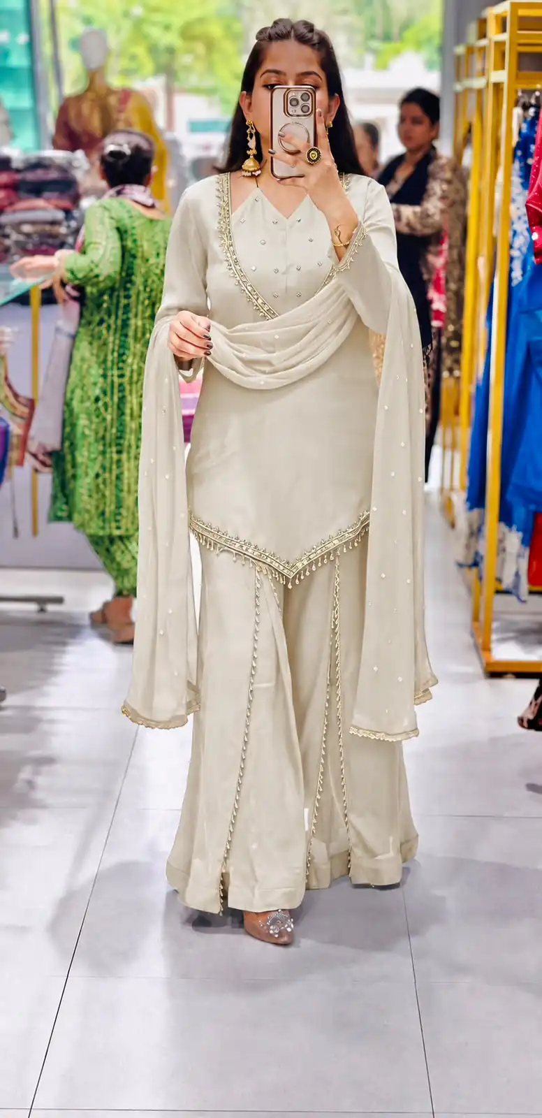 Pretty White Roman Glass Mirror Work Salwar Suit
