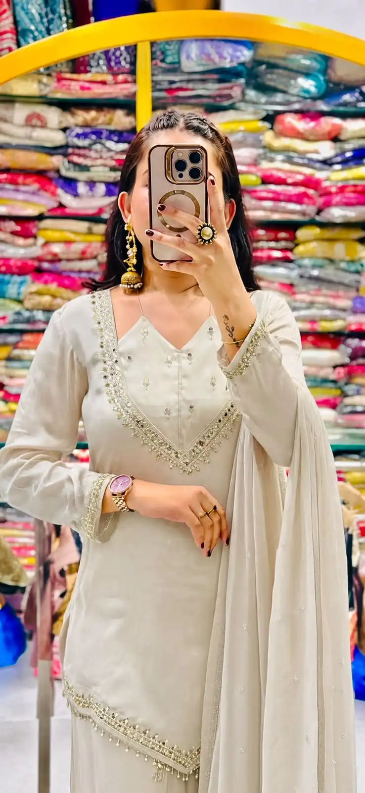 Pretty White Roman Glass Mirror Work Salwar Suit
