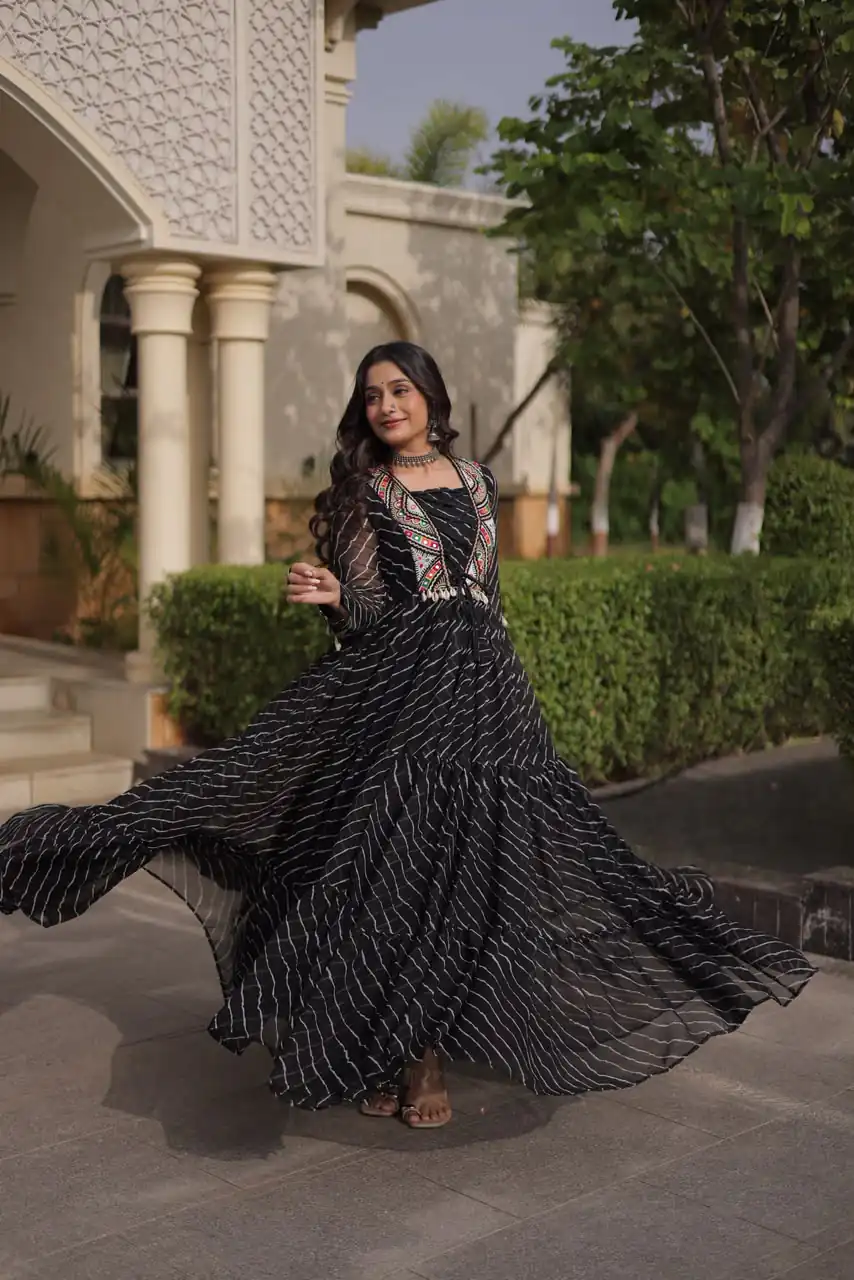 Shiny Black Faux Georgette Laheriya Print Work Gown
