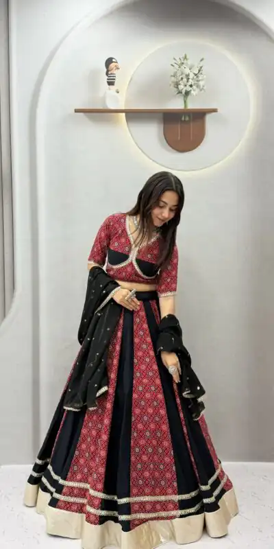 Shiny Black Pure Cotton Ajarak Print Work Lehenga Choli