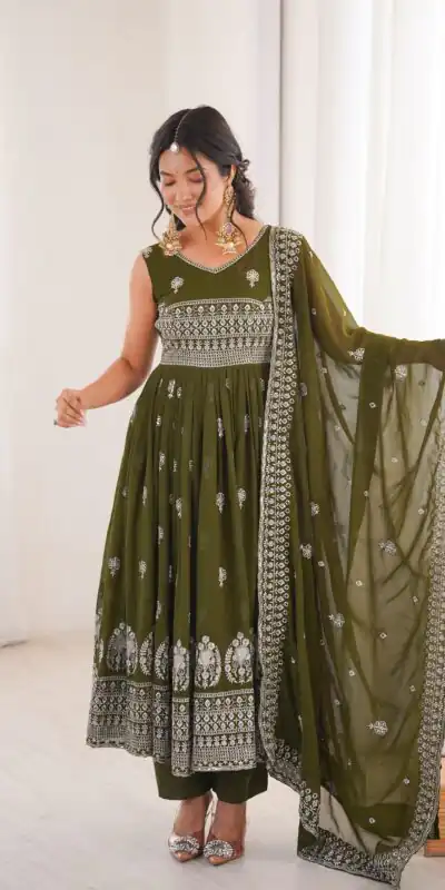 Shiny Mehendi Faux Georgette Sequence Work Anarkali Suit