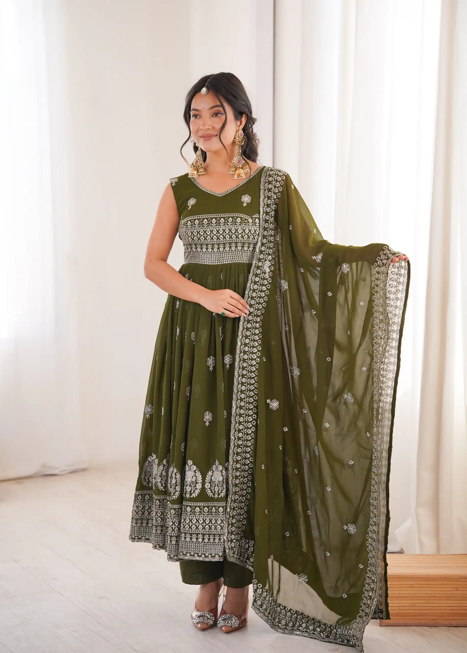 Shiny Mehendi Faux Georgette Sequence Work Anarkali Suit