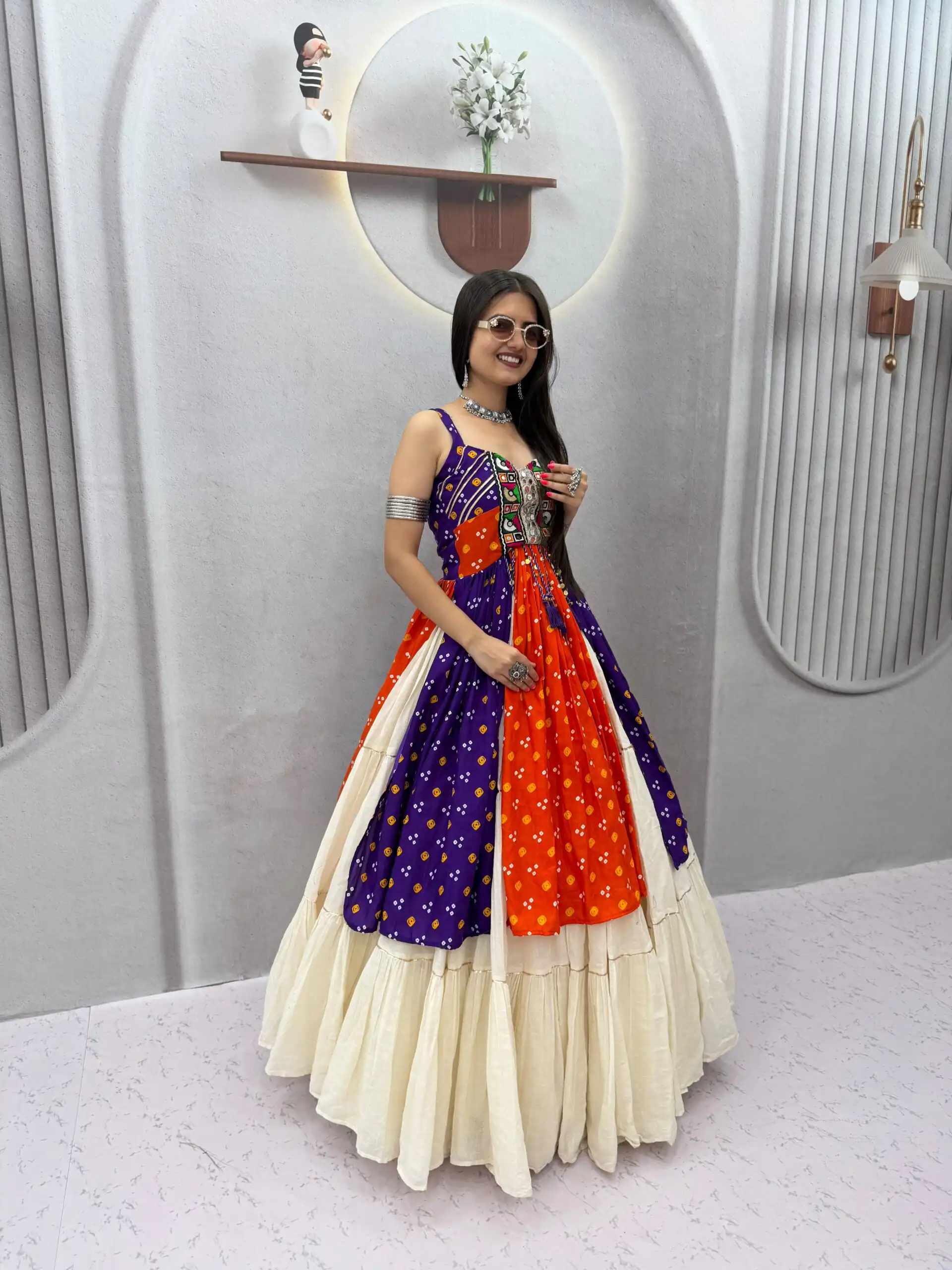 Shiny Orange Khadi Cotton Bandhej Mirror Work Lehenga Choli