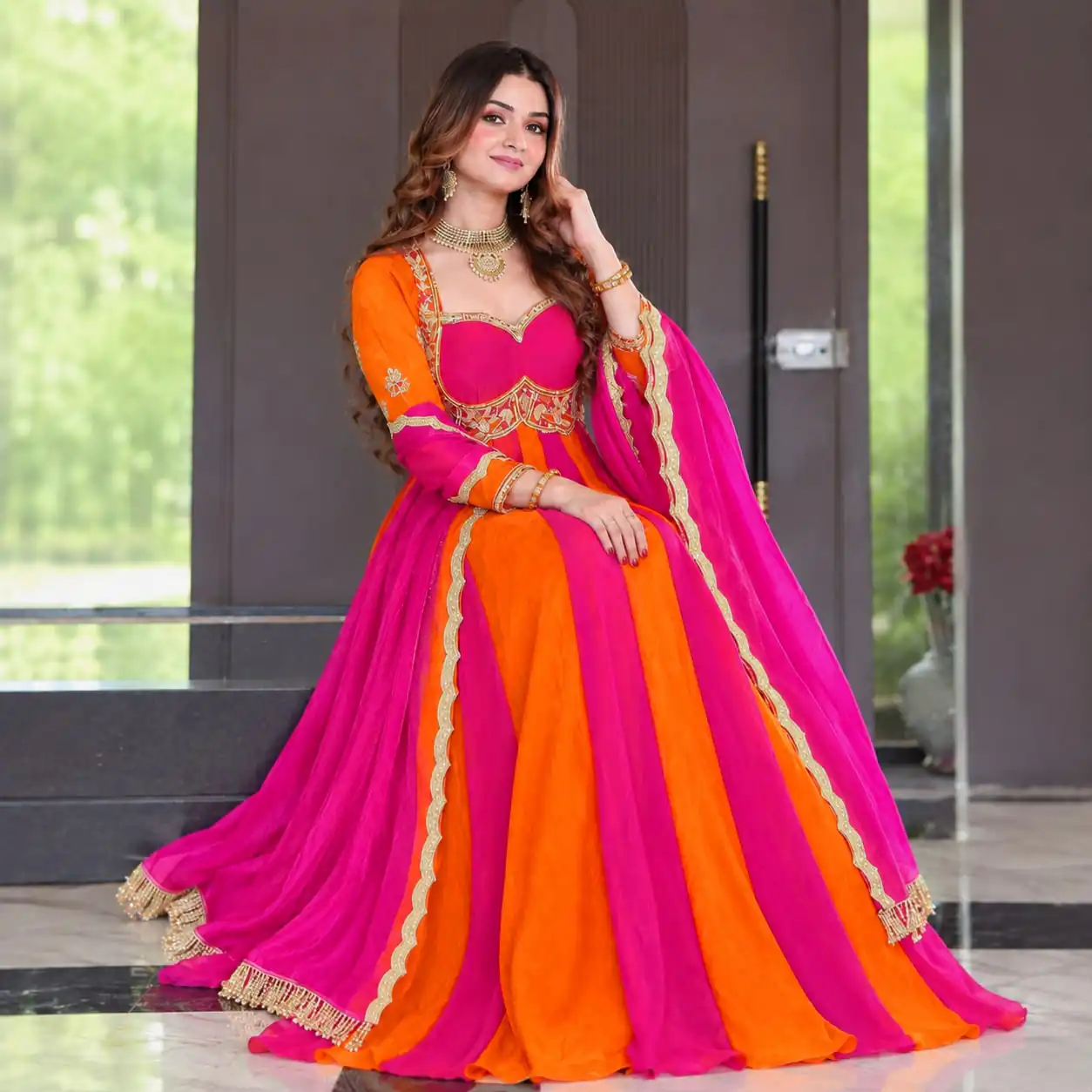 Shiny Pink Fendy Silk Sequence Work Gown