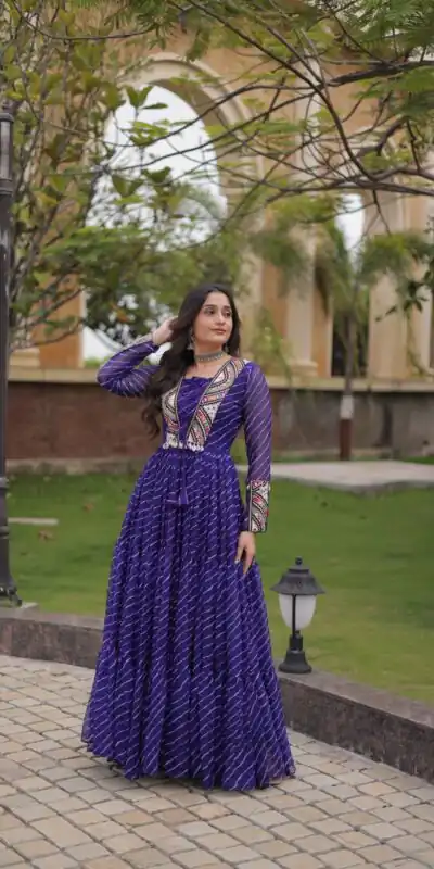 Shiny Purple Faux Georgette Laheriya Print Work Gown