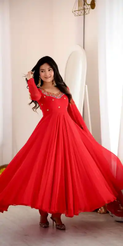 Shiny Red Faux Georgette Sequins Work Gown