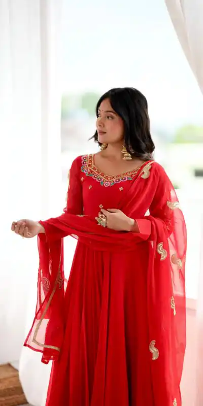 Shiny Red Faux Georgette Sequins Work Gown