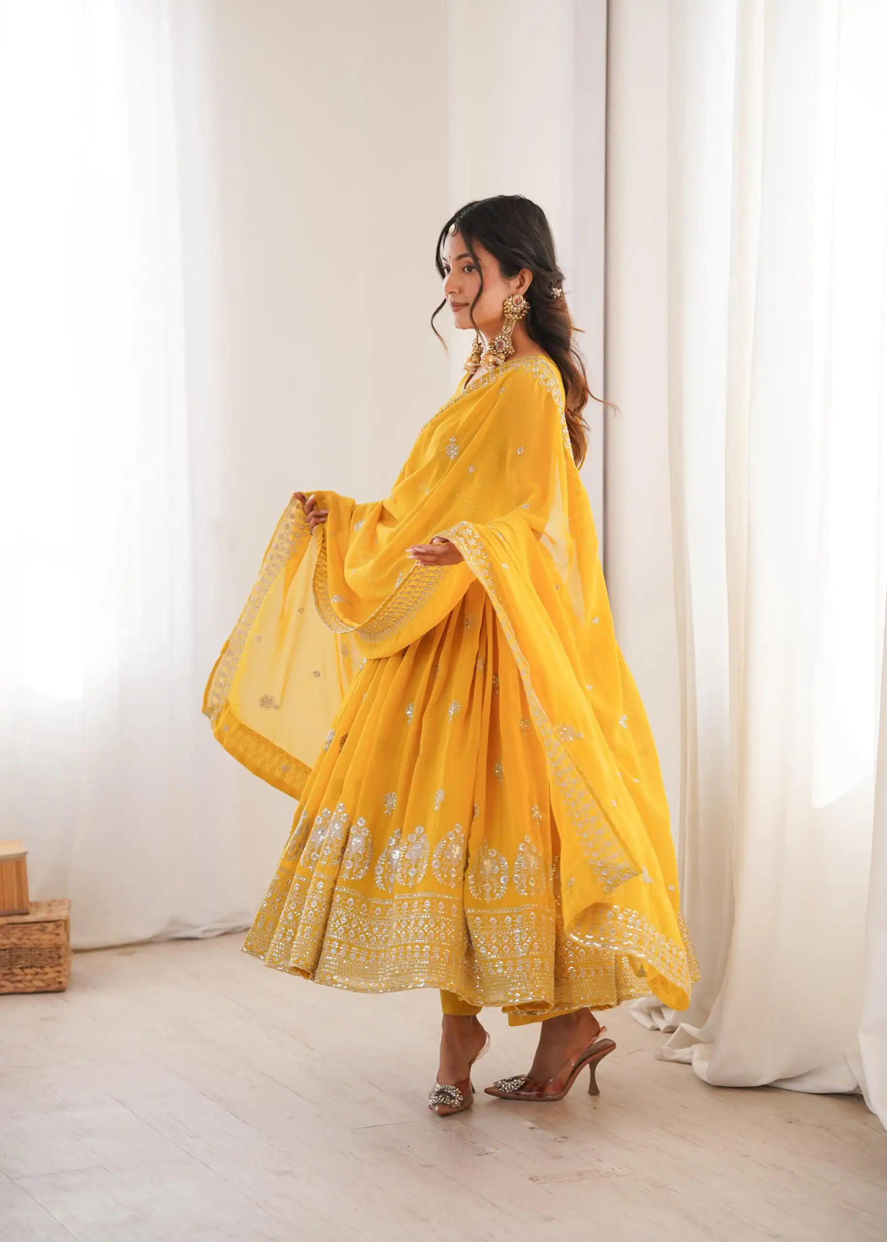 Shiny Yellow Faux Georgette Sequence Work Anarkali Suit