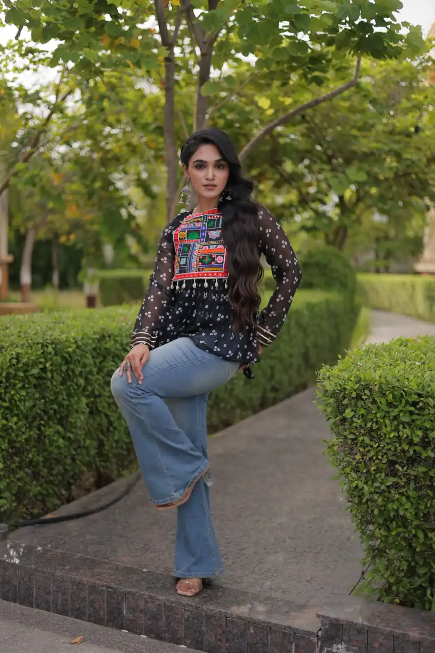 Solid Black Faux Georgette Gamthi Bandhni Work Kurti